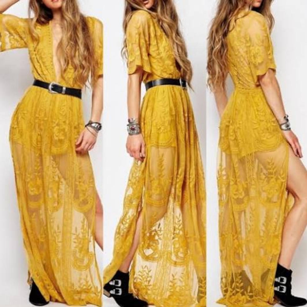 Stunning lace mustard yellow romper maxi dress size small